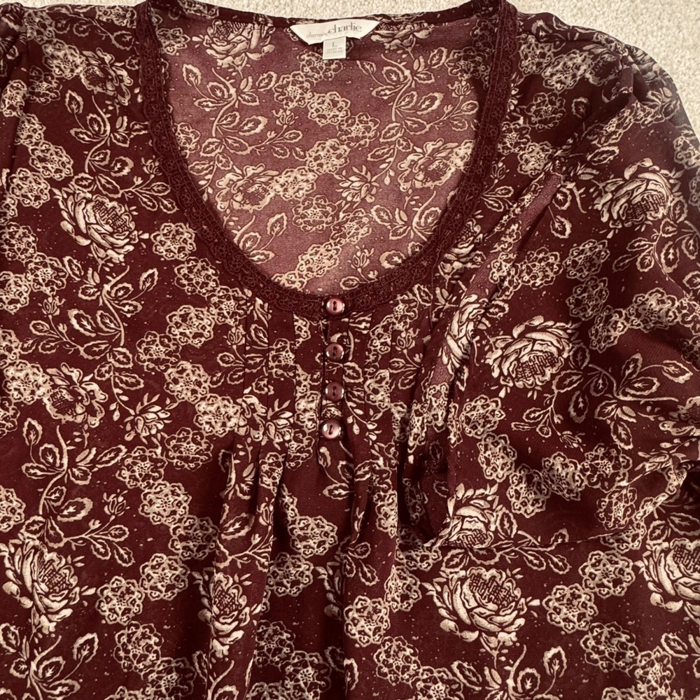 Charming Charlie Large Burgundy Floral Peplum Blouse Lace V-Neck Bell Sleeve‎